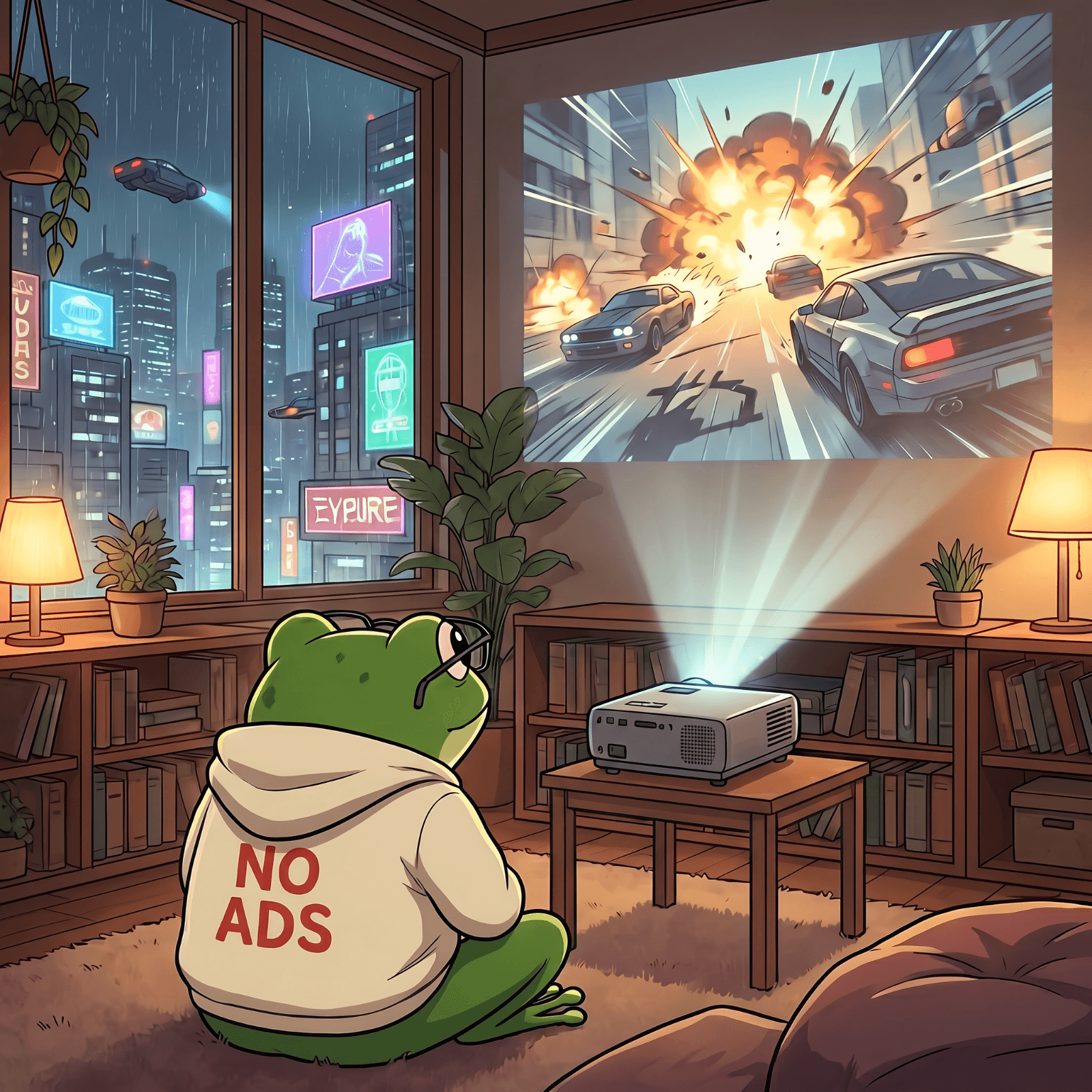 Frog in 'NO ADS' hoodie watching an action movie